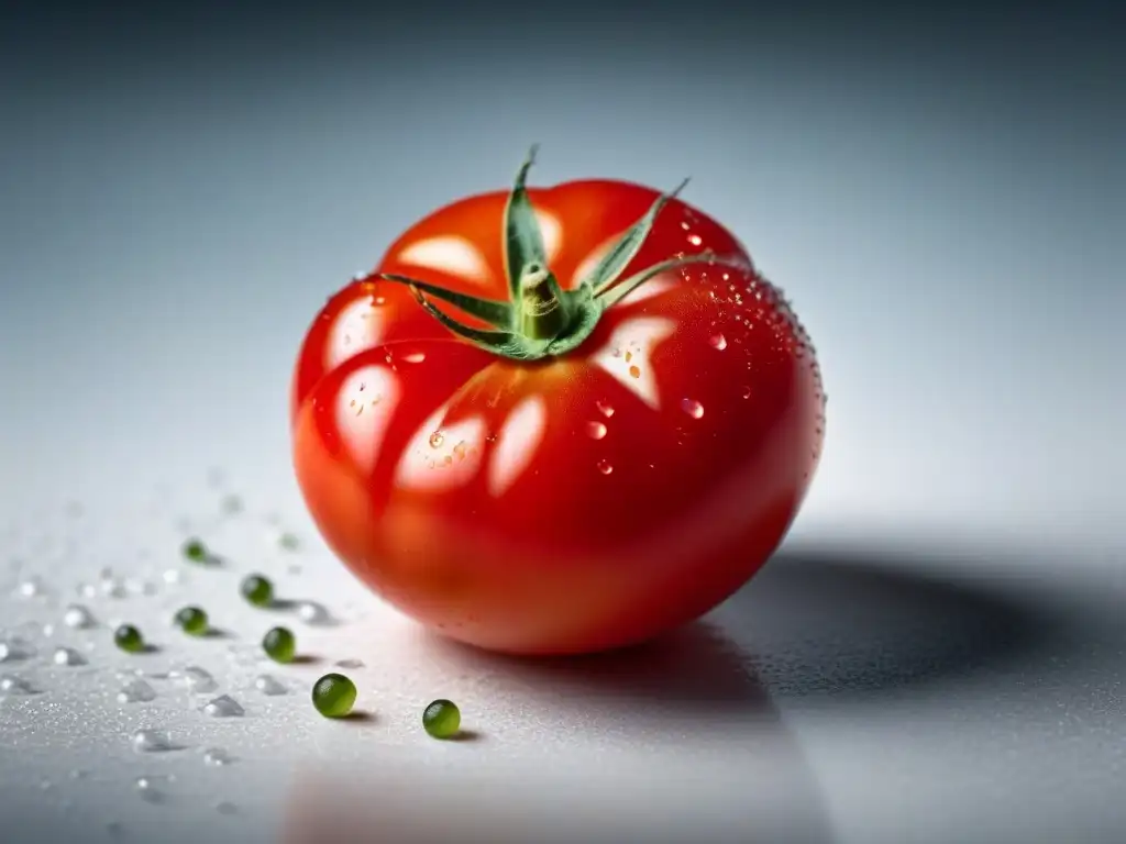 Tomate rojo brillante con gotas de agua en encimera blanca, resaltando la frescura en cocina zero waste