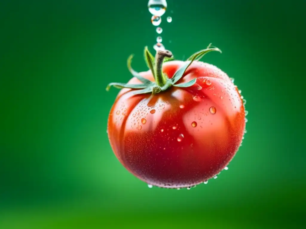 Tomate rojo brillante suspendido en el aire con gotas de agua, sobre un fondo verde difuminado