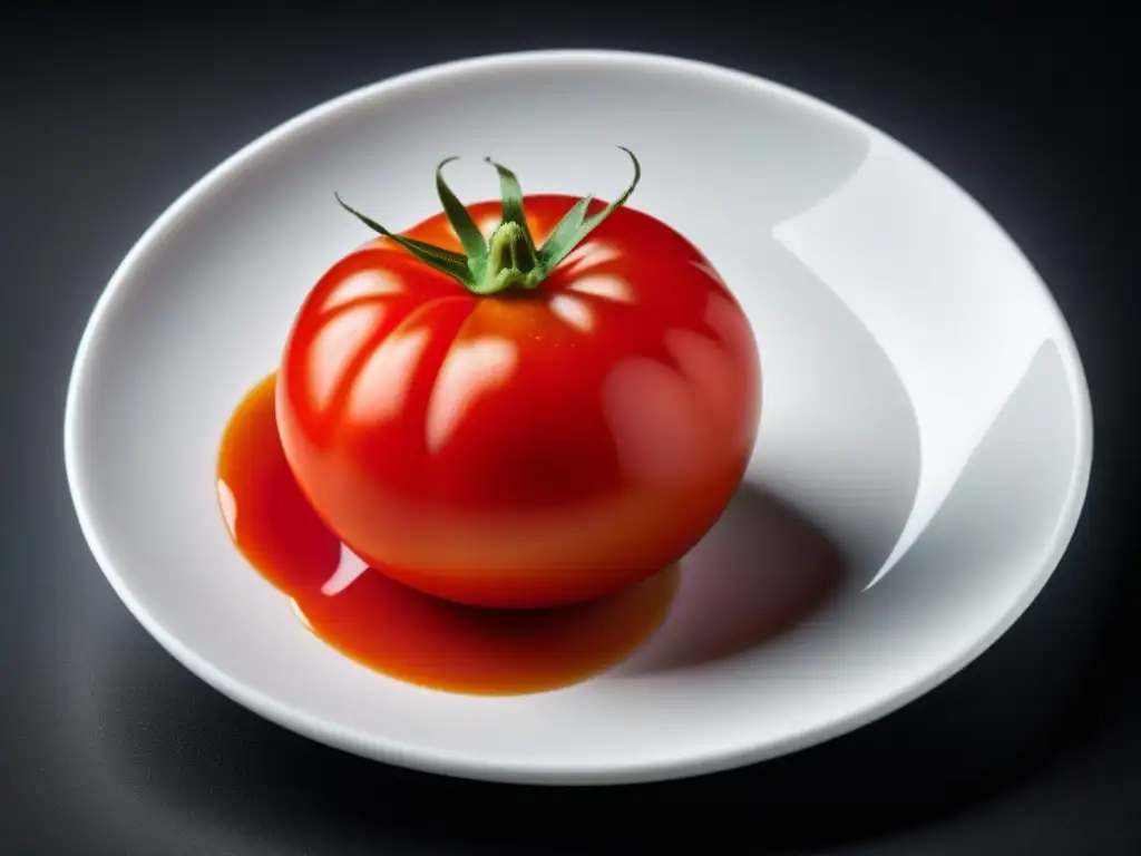 Tomate rojo y fresco en plato blanco sobre fondo negro