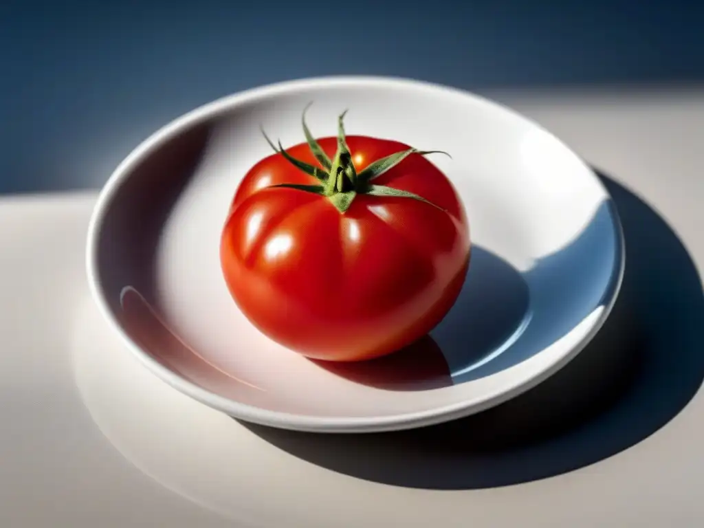 Tomate rojo impecable sobre plato blanco, detalle máximo