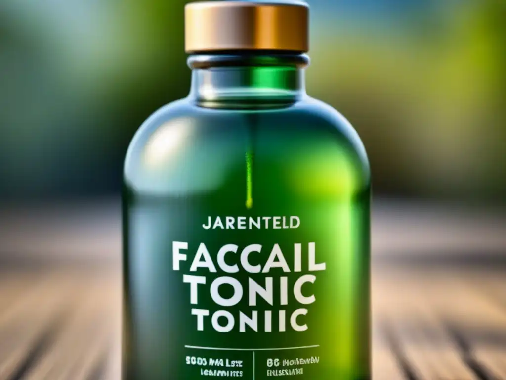 Un tónico facial ecológico pH balanceado en frasco de vidrio con líquido verde fresco y burbujas brillantes