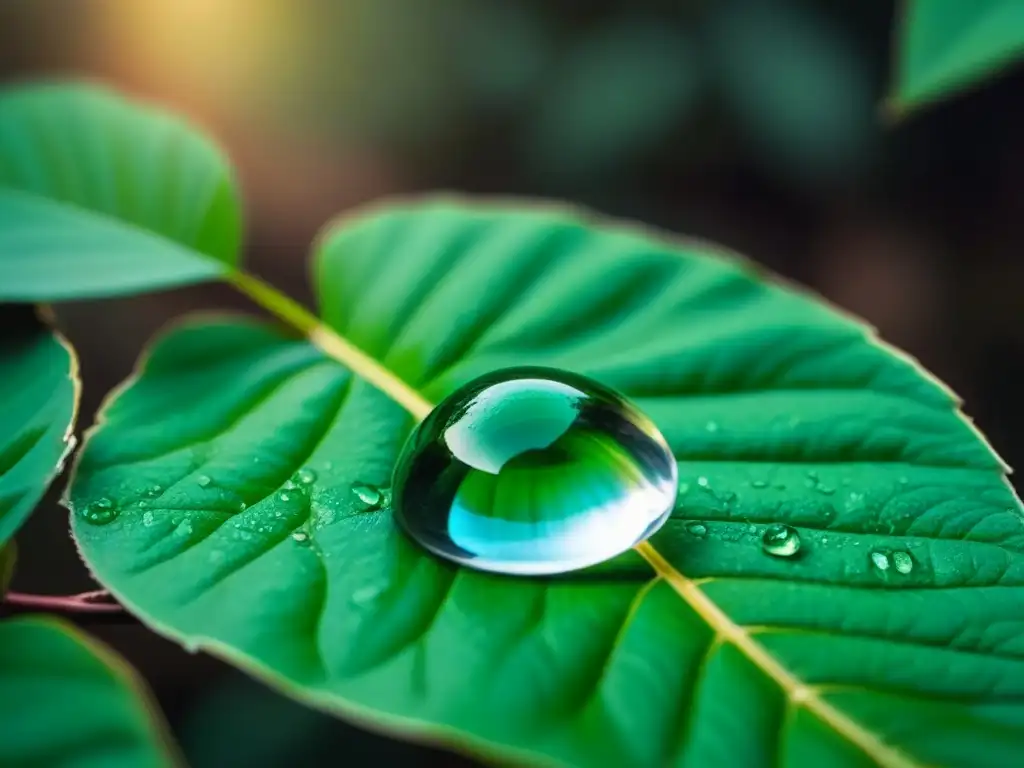 Un tónico facial ecológico pH balanceado suspendido sobre una hoja verde, resaltando la belleza de la naturaleza y la piel