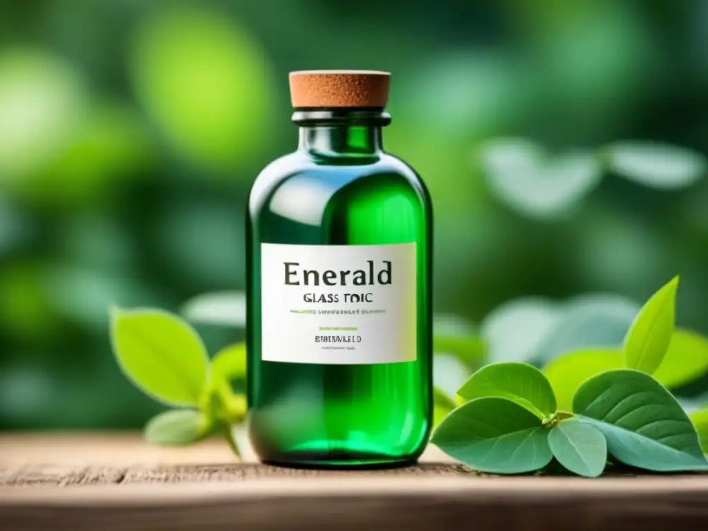 Tónico facial verde piel equilibrada: Botella verde elegante con etiqueta blanca, contiene tónico facial verde rodeado de hojas verdes suaves