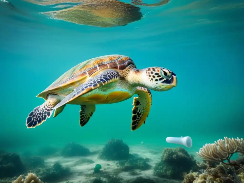 Una tortuga marina nada entre residuos plásticos en el océano