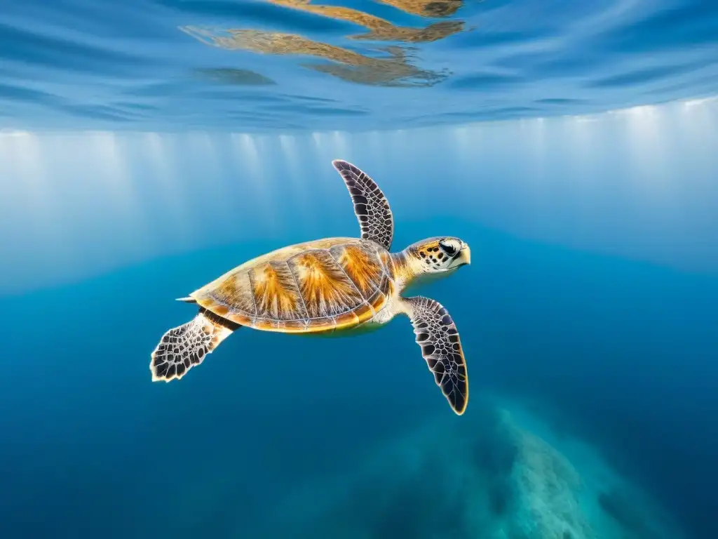 Serena belleza: tortuga marina en un océano cristalino Una tortuga marina solitaria nada con gracia en un océano cristalino, promoviendo la reducción del uso de plásticos