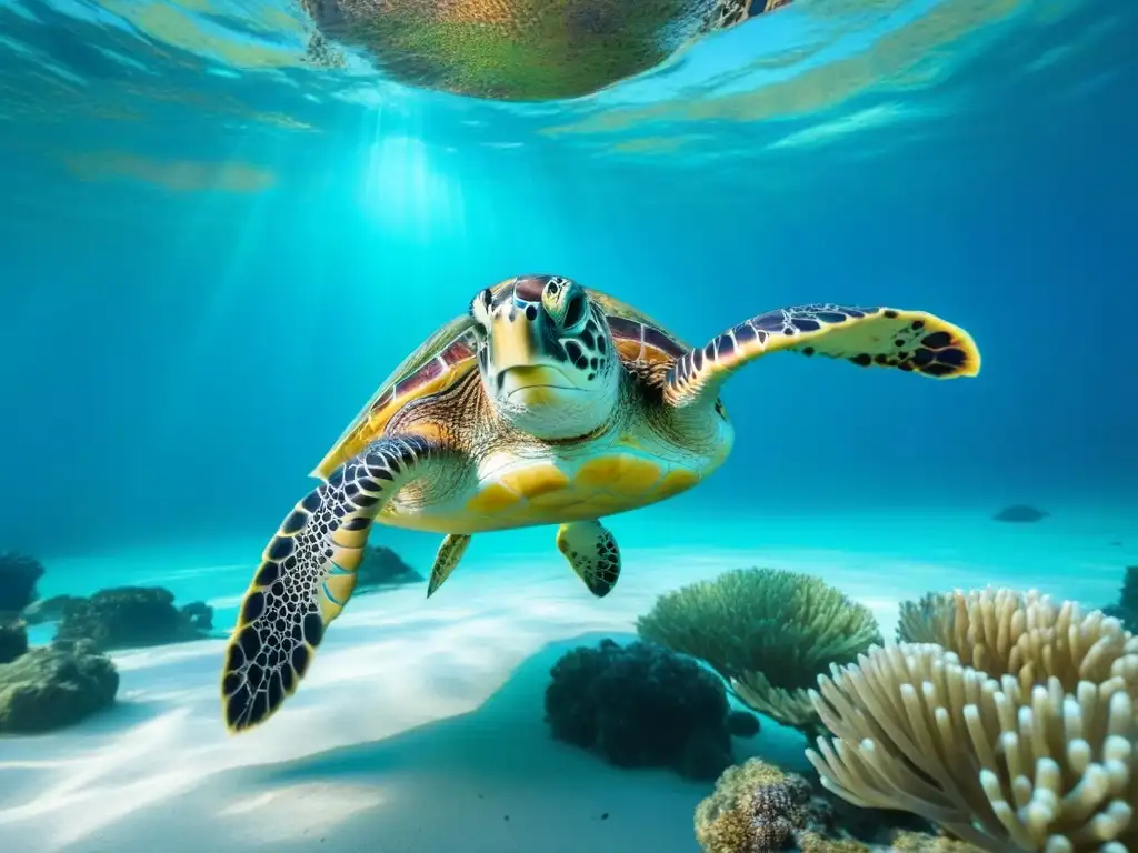 Una tortuga marina solitaria nada grácilmente entre peces coloridos en un océano cristalino, destacando la sensibilización crisis plástico educativa