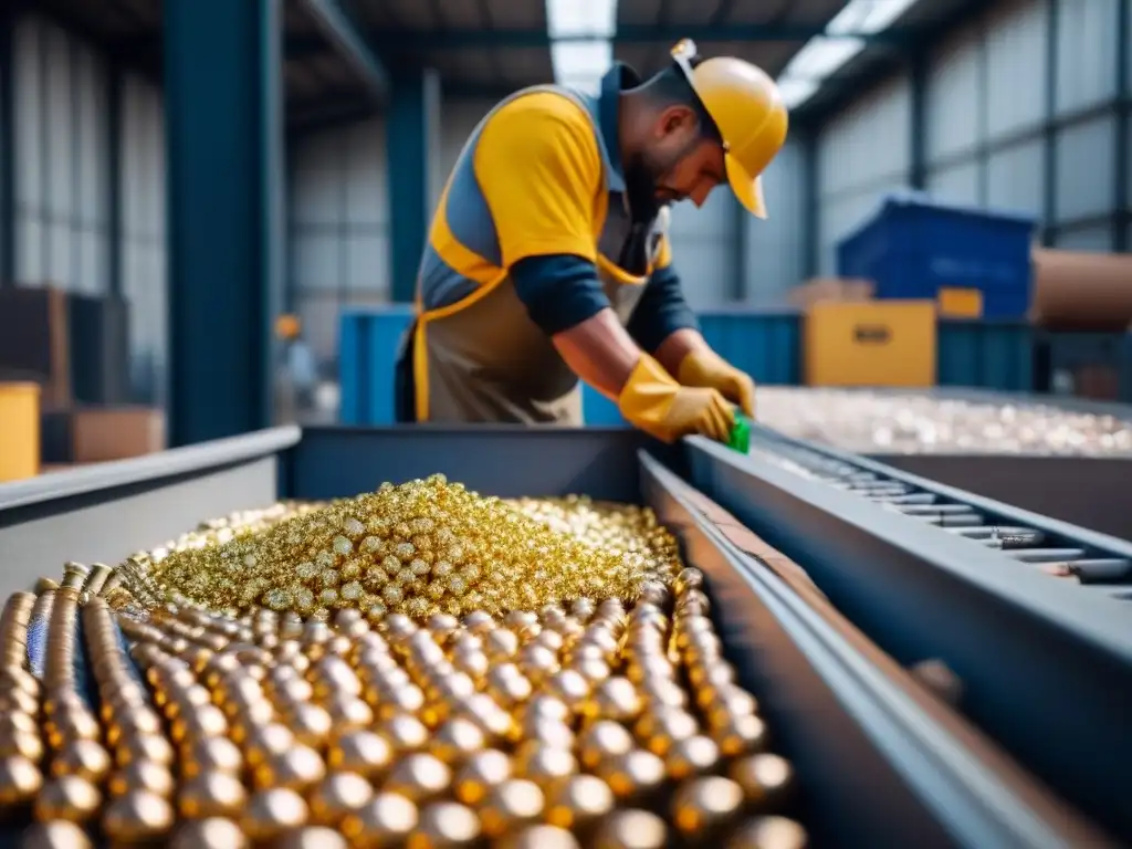 Un trabajador en planta de reciclaje ordena materiales reciclables