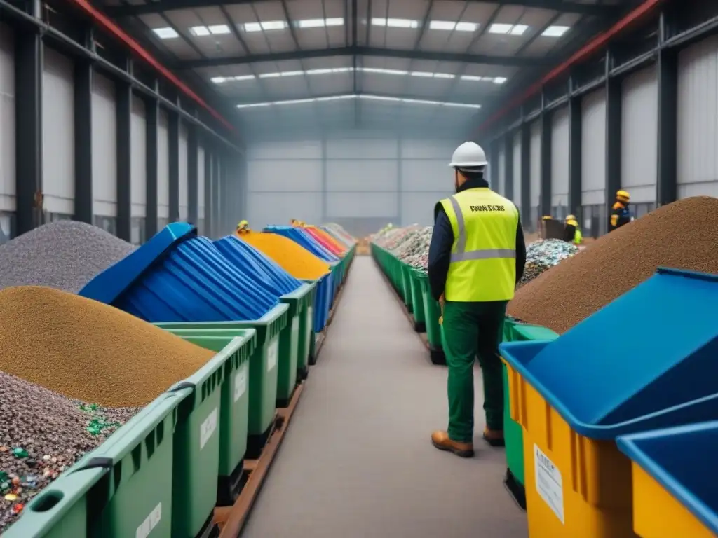 Trabajadores en una planta de reciclaje, con chalecos reflectantes, separando materiales en cintas transportadoras