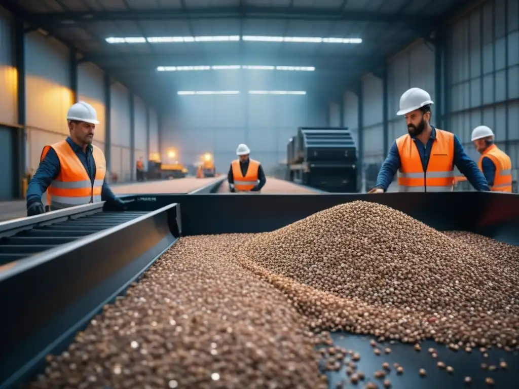 Trabajadores en planta de reciclaje moderna, separando residuos bajo luces LED brillantes