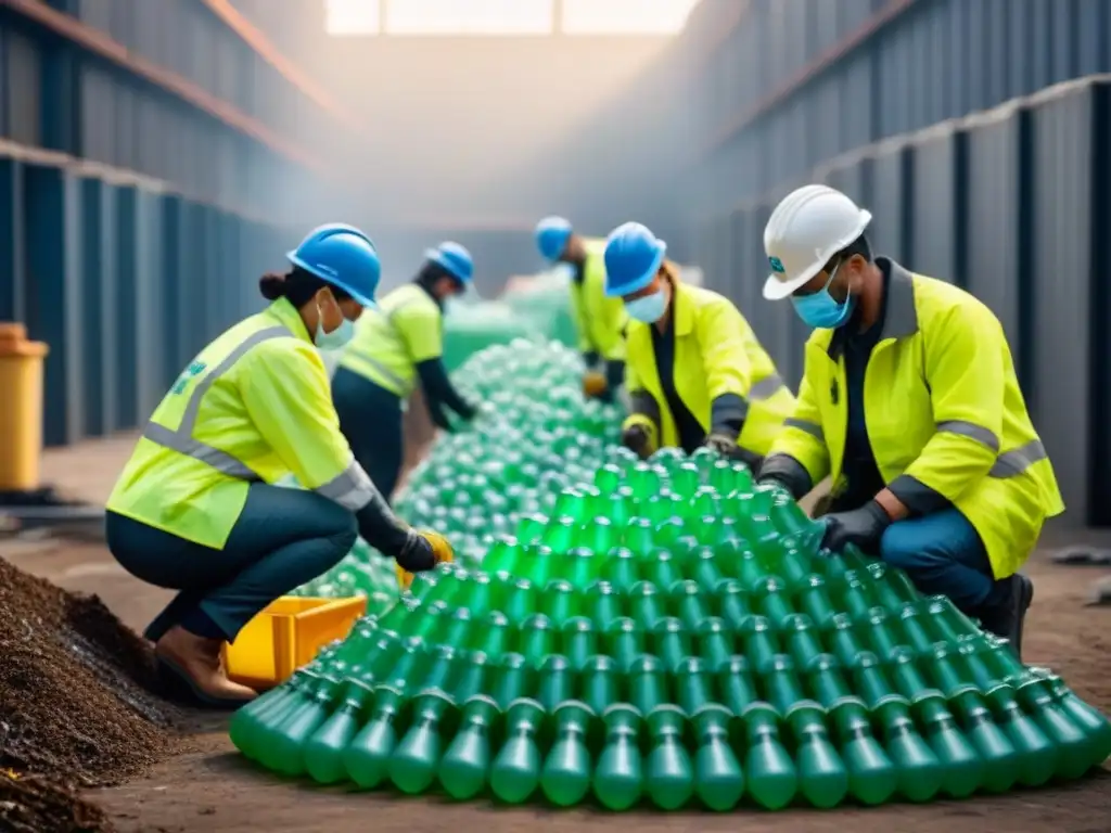 Trabajadores en planta de reciclaje de plásticos sostenible, clasificando botellas con precisión y trabajo en equipo