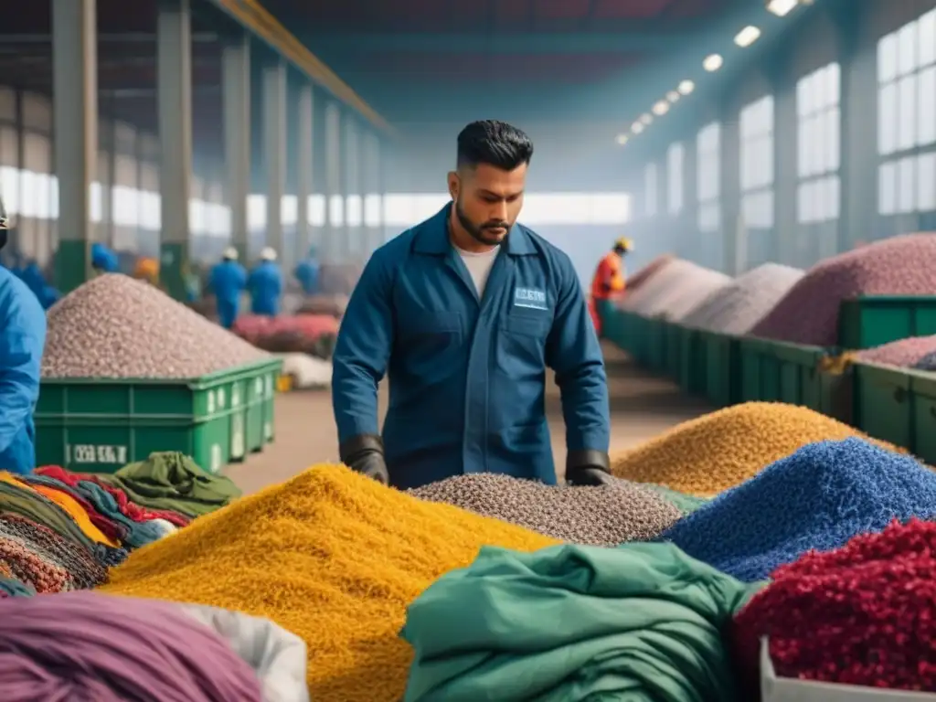 Trabajadores en planta de reciclaje de textiles separando prendas coloridas para un armario sostenible