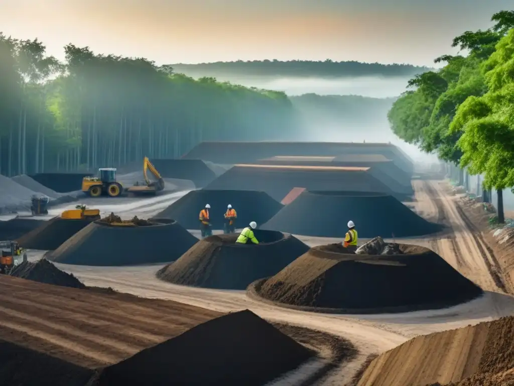 Trabajadores reciclando residuos de construcción en paisaje natural con soluciones sostenibles