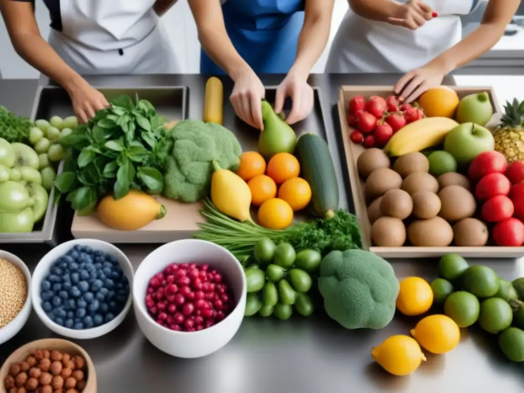 Trabajo en equipo en cocina moderna con alimentos frescos