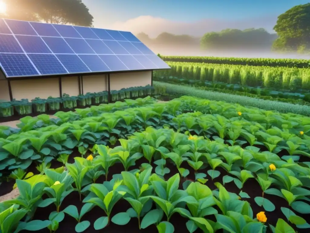 Trabajo en equipo en jardín sostenible con paneles solares y recolección de agua lluvia