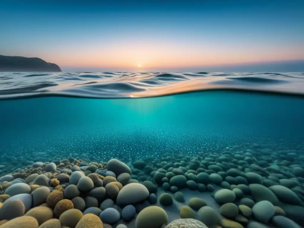 Amanecer en el mar: belleza y microplásticos Tranquila escena marina al amanecer con microplásticos, impacto del consumo en los océanos