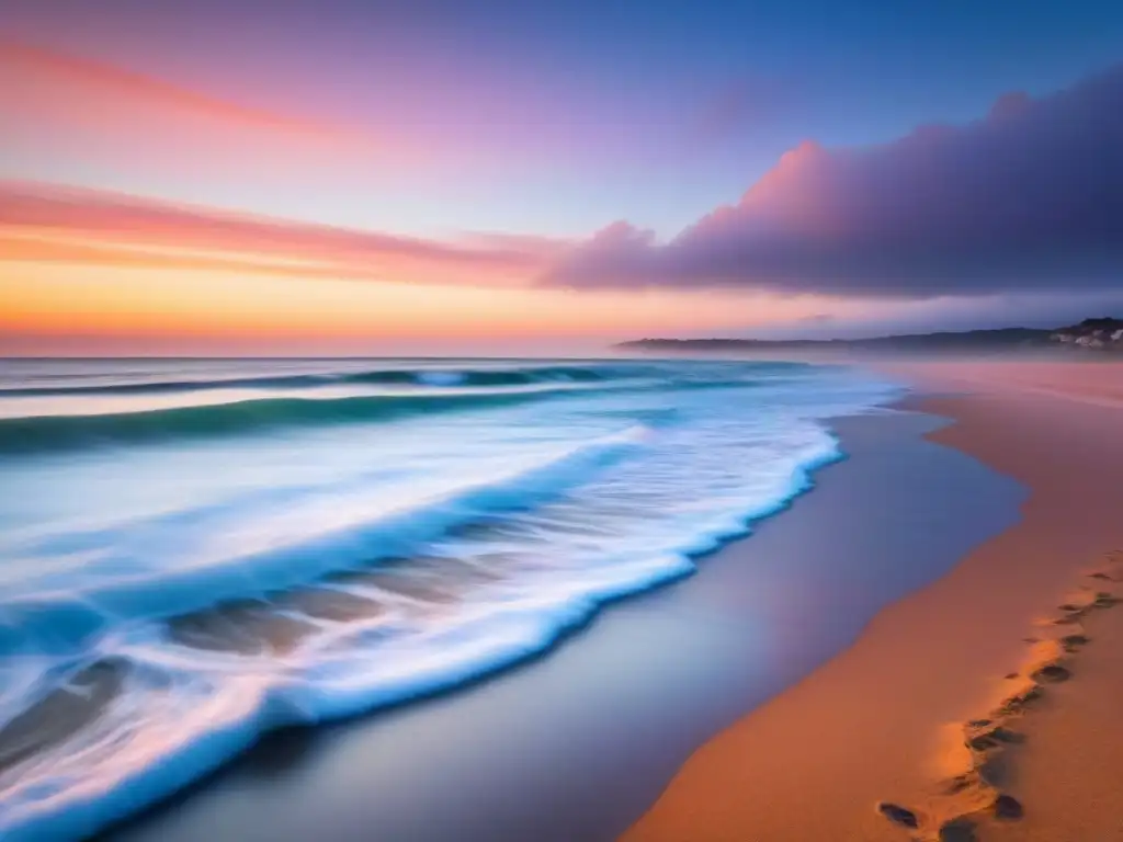 Tranquila ilustración de paisaje costero al atardecer, donde el mar se encuentra con la playa bajo un cielo cálido