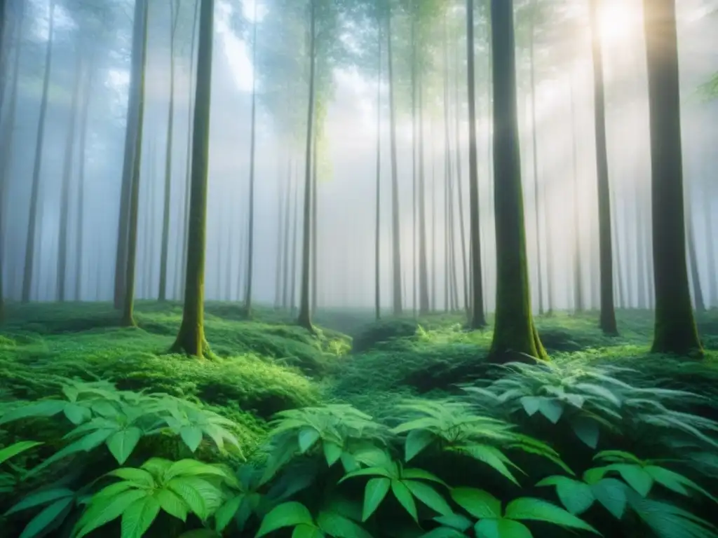 Tranquilidad en el bosque verde con luz solar filtrándose