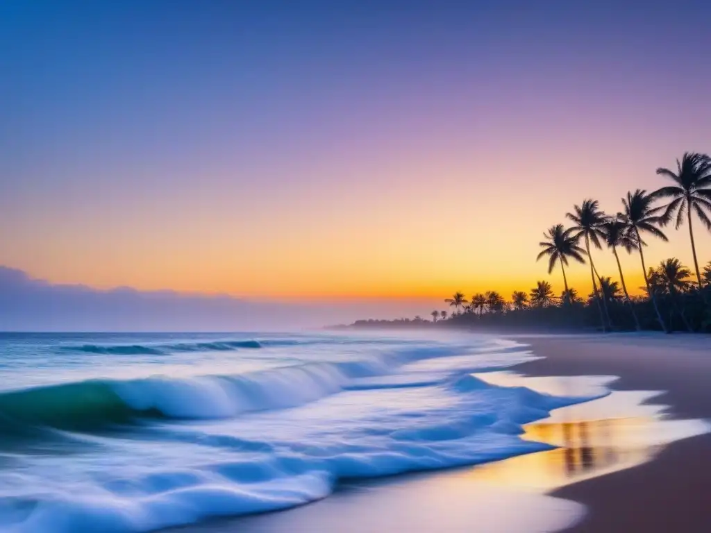 Tranquilidad en una playa virgen al atardecer, con olas suaves, cielo azul y palmeras lejanas