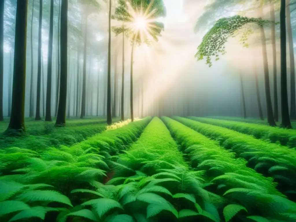 Un tranquilo bosque lleno de árboles verdes, con luz solar filtrándose entre las hojas