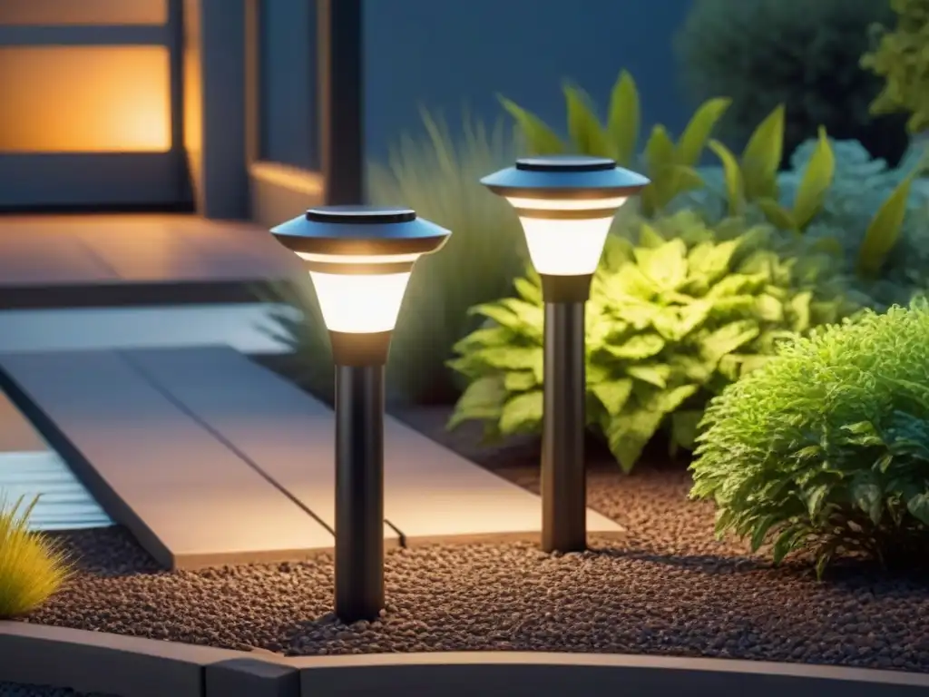 Un jardín tranquilo iluminado por una moderna luminaria LED solar, resaltando los beneficios de la iluminación sostenible