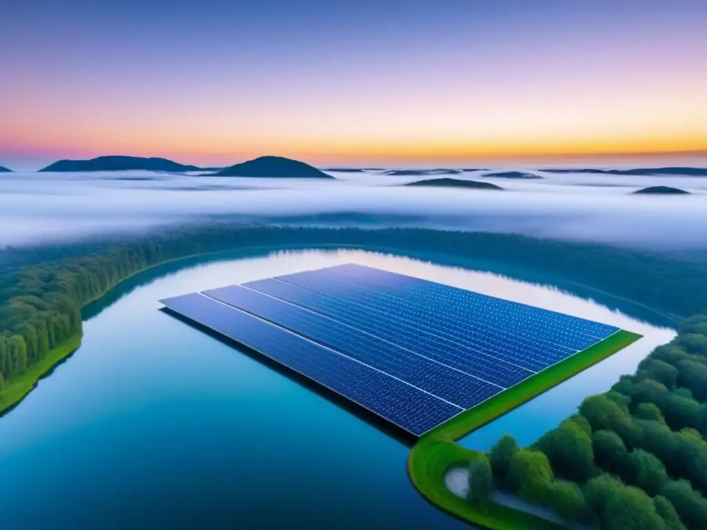 Tranquilo lago al atardecer con paneles solares flotantes sostenibles reflejando el cielo y el agua en armonía