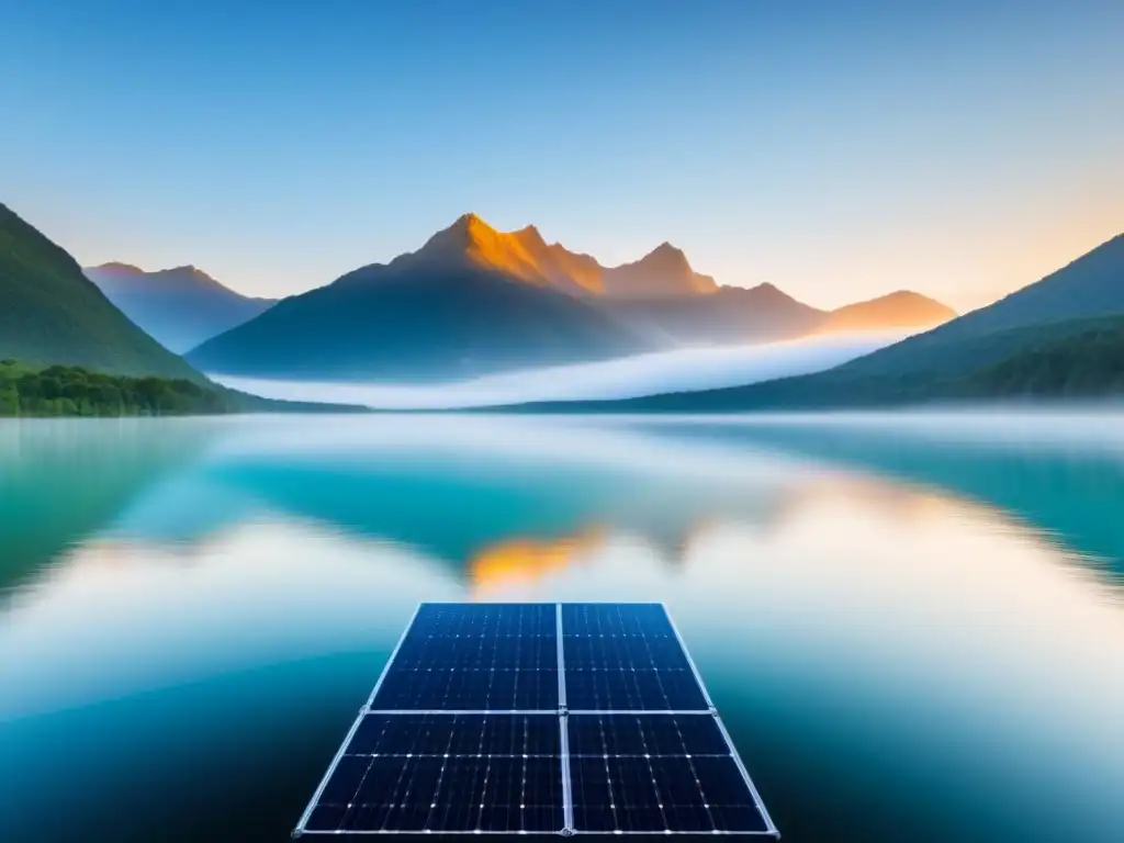 Tranquilo lago con un panel solar flotante reflejándose en el agua, bajo un cielo azul