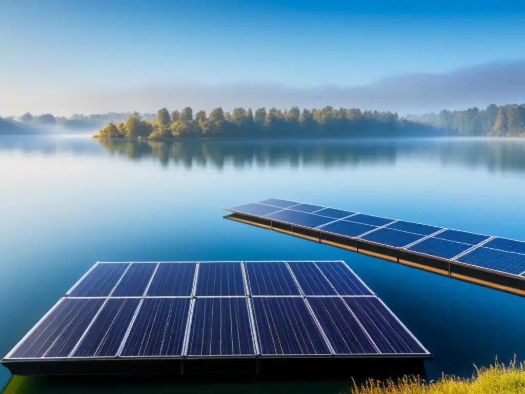 Tranquilo lago con paneles solares flotantes sostenibles reflejando el cielo azul, en armonía con la naturaleza