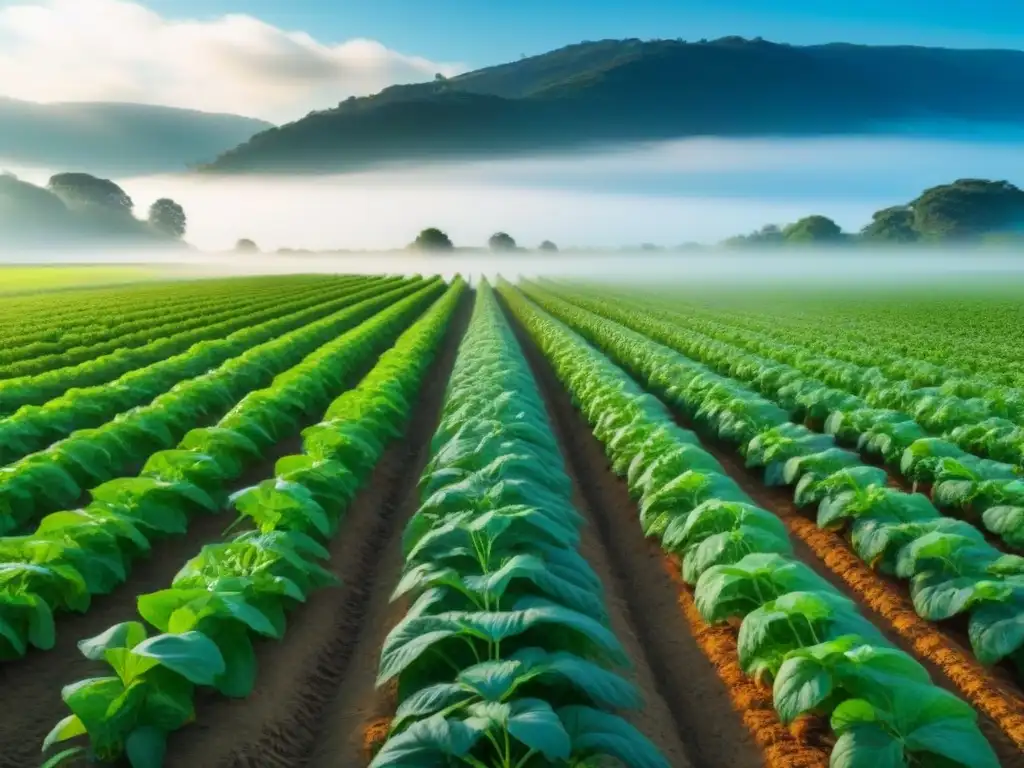 Un tranquilo paisaje de una finca ecológica con cultivos ordenados bajo un cielo azul, ideal para alojamientos agroturismo fincas ecológicas