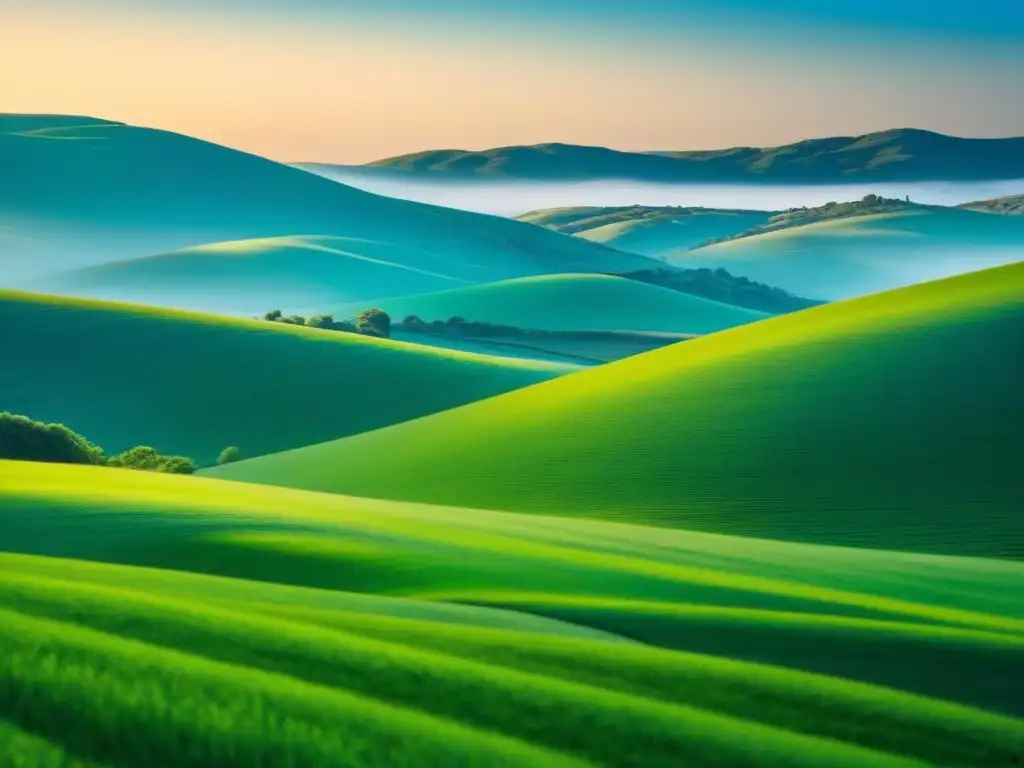 Un tranquilo paisaje verde de una pradera en el campo español, con colinas y cielo azul