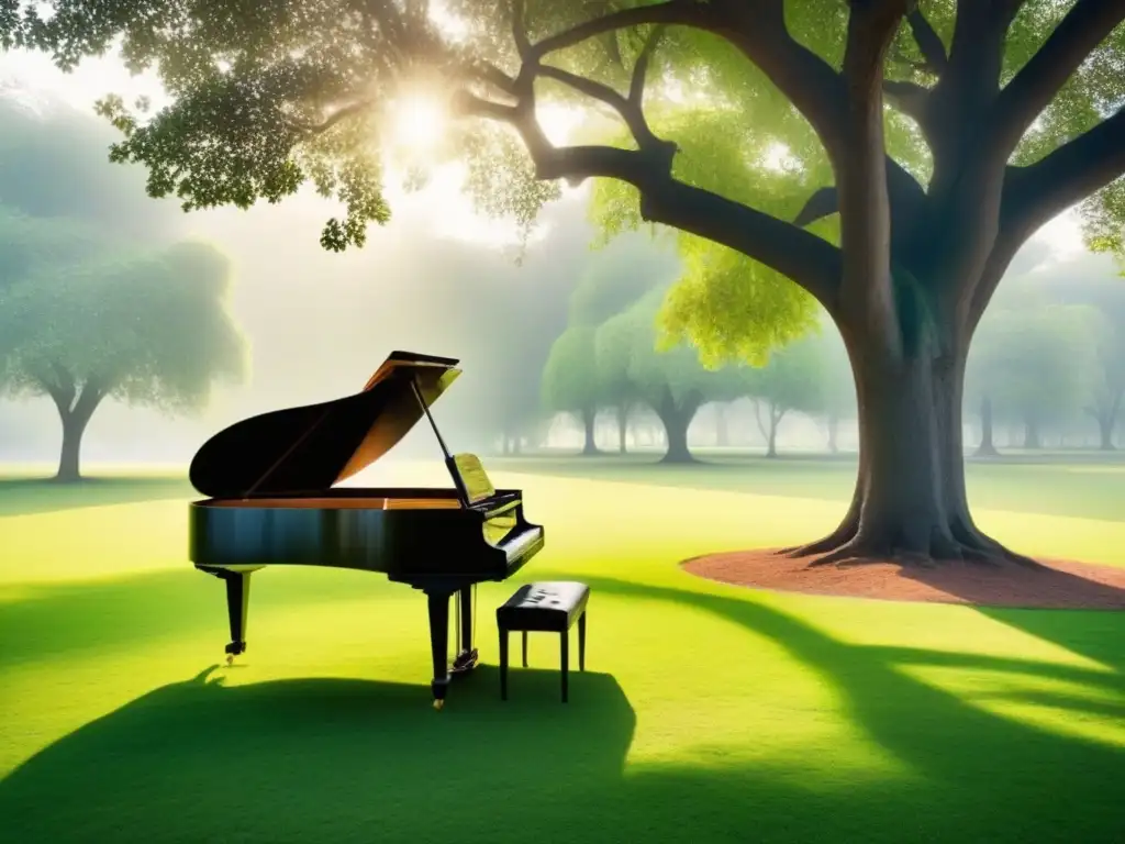 Un tranquilo parque verde con un piano bajo un árbol, notas musicales flotando