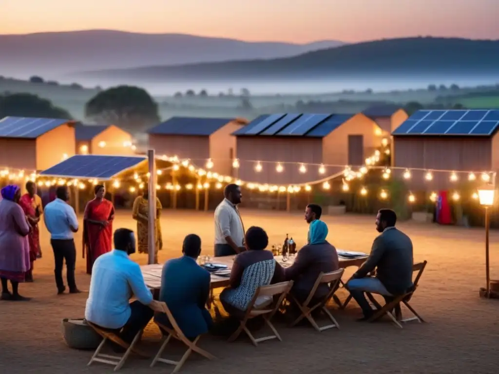 Un tranquilo pueblo rural al atardecer, iluminado por luces solares