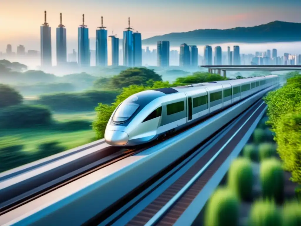 Transporte sostenible: tren eléctrico moderno en ciudad futurista con vegetación y paneles solares, reducción emisiones