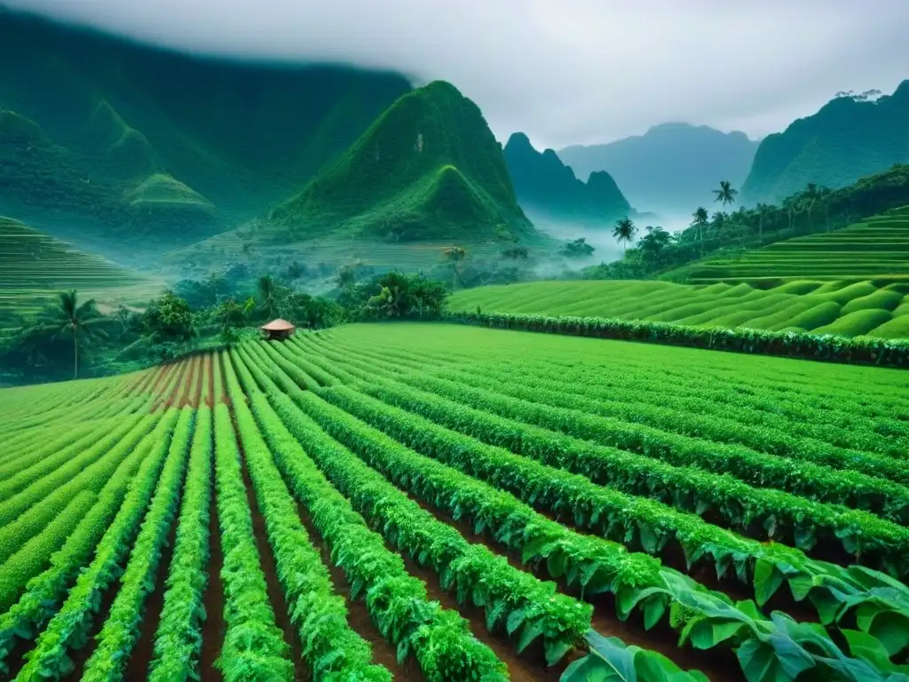 Plantación tropical exuberante con filas de frutas y verduras exóticas, destaca la belleza del turismo gastronómico sostenible en destinos exóticos