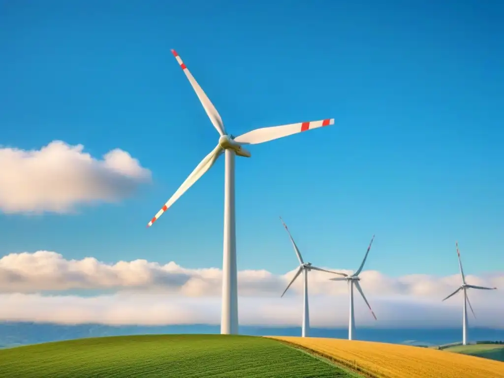 Una turbina eólica doméstica sostenible y moderna girando sus blancas aspas frente a un cielo azul claro y colinas verdes