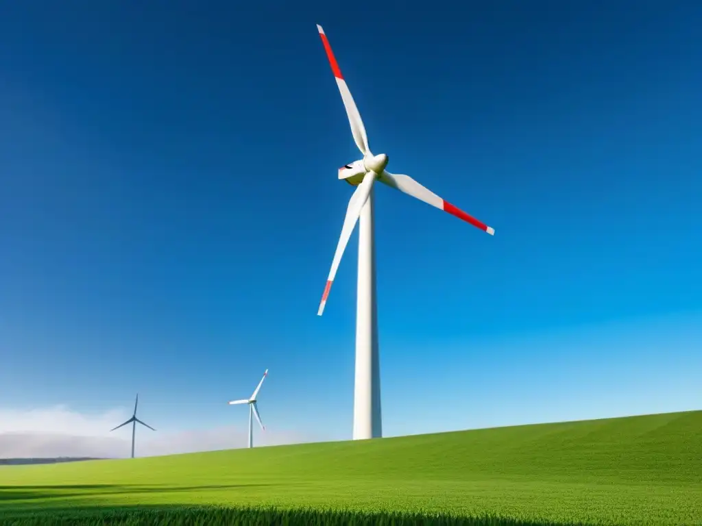 Turbinas eólicas residenciales: elegancia sostenible en 8k Una turbina eólica doméstica sostenible destaca en el cielo azul, sus aspas giran con elegancia