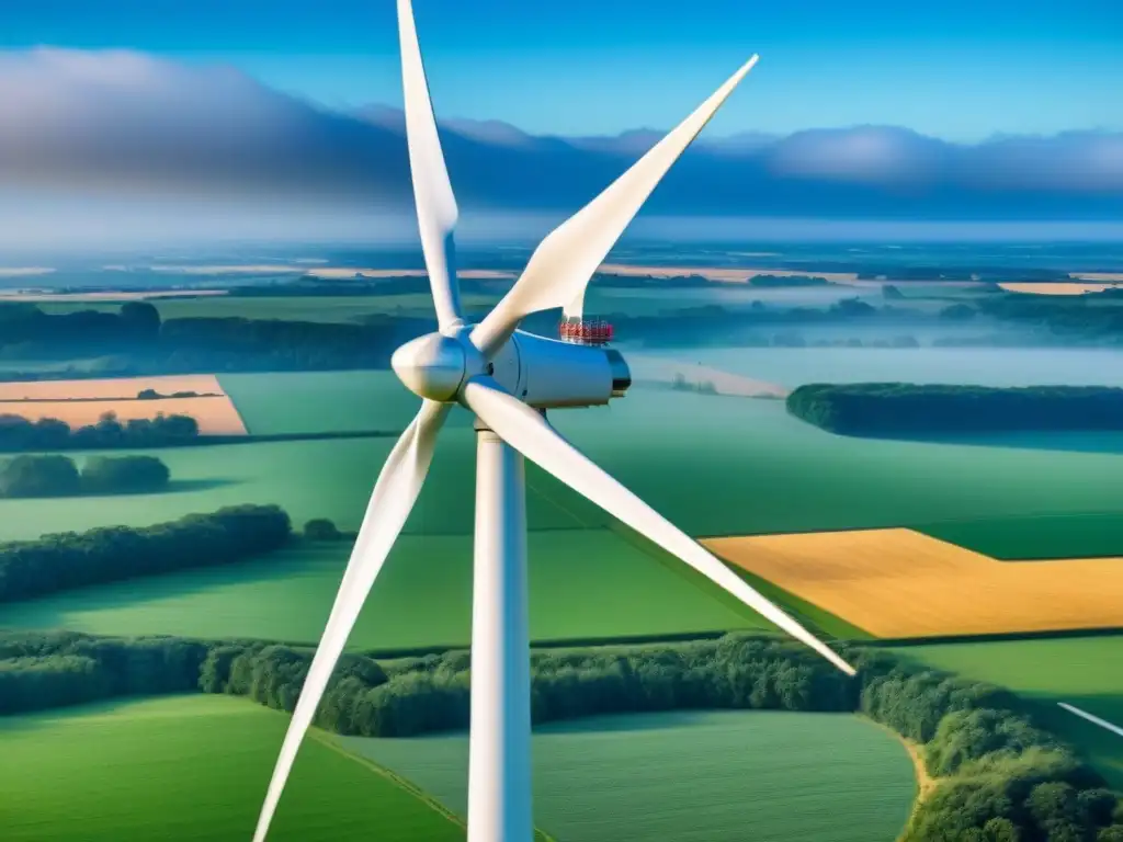 Una turbina eólica doméstica sostenible en armonía con la naturaleza, girando sus blancas aspas bajo un cielo azul despejado