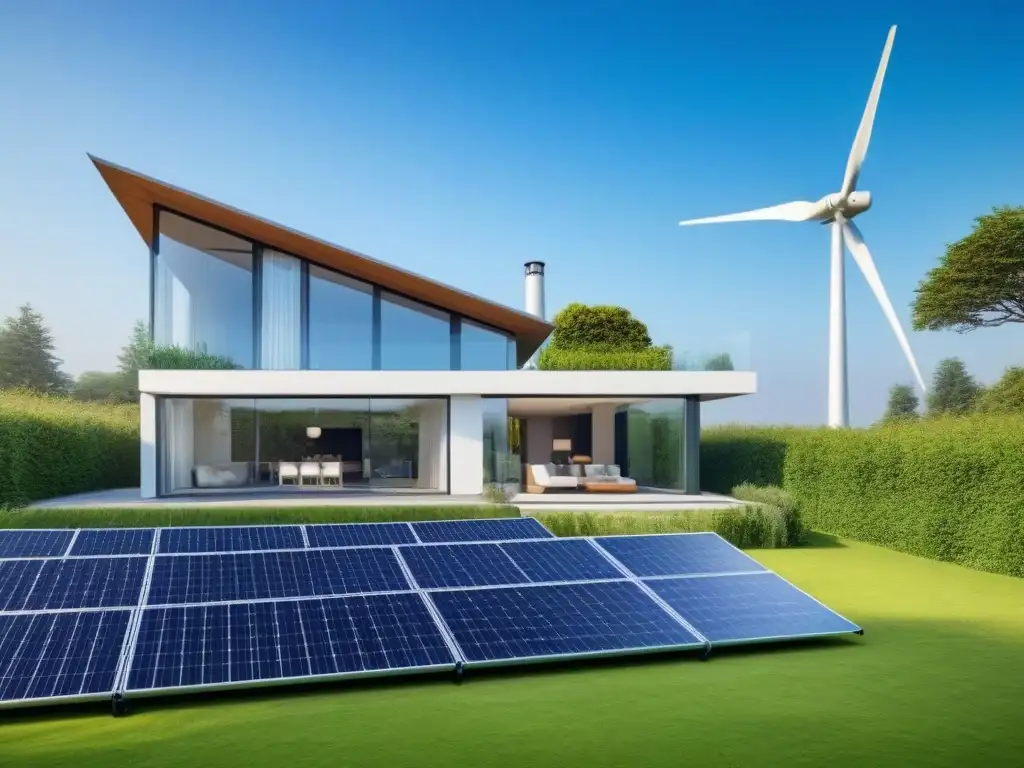 Invertir en turbina eólica hogar: moderna propiedad residencial con elegante turbina eólica en el techo, rodeada de naturaleza y paneles solares