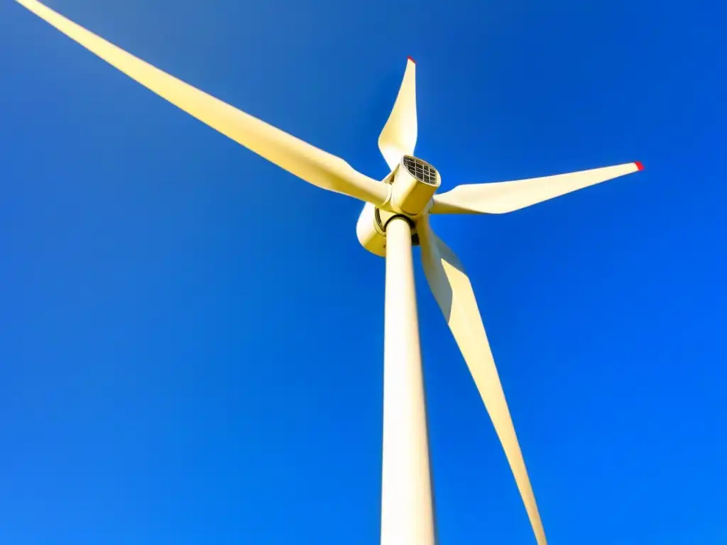 Una turbina eólica residencial moderna instalada en un patio con cielo azul