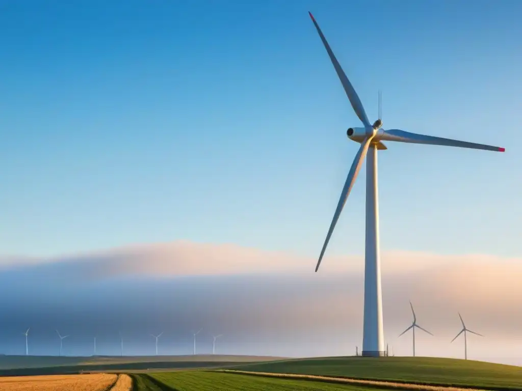 Turbinas eólicas en decoración sostenible: Moderna turbina negra y blanca destaca en cielo azul