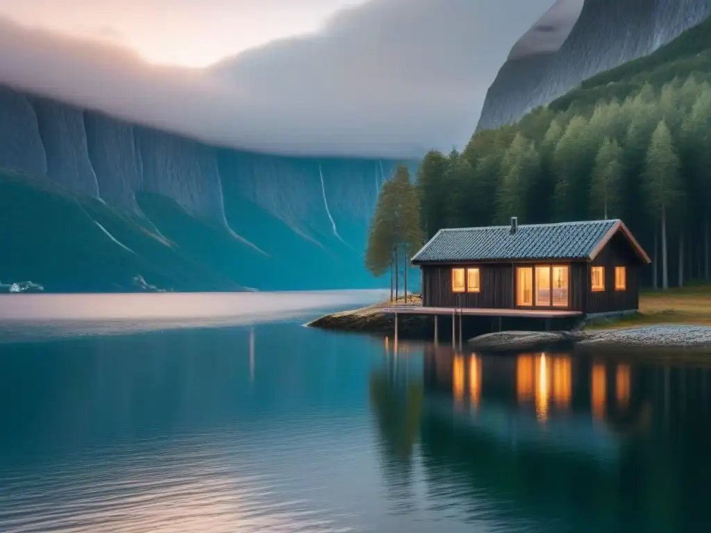 Turismo sostenible en fiordos noruegos: cabaña de madera en bosque de pinos junto al tranquilo fiordo al atardecer