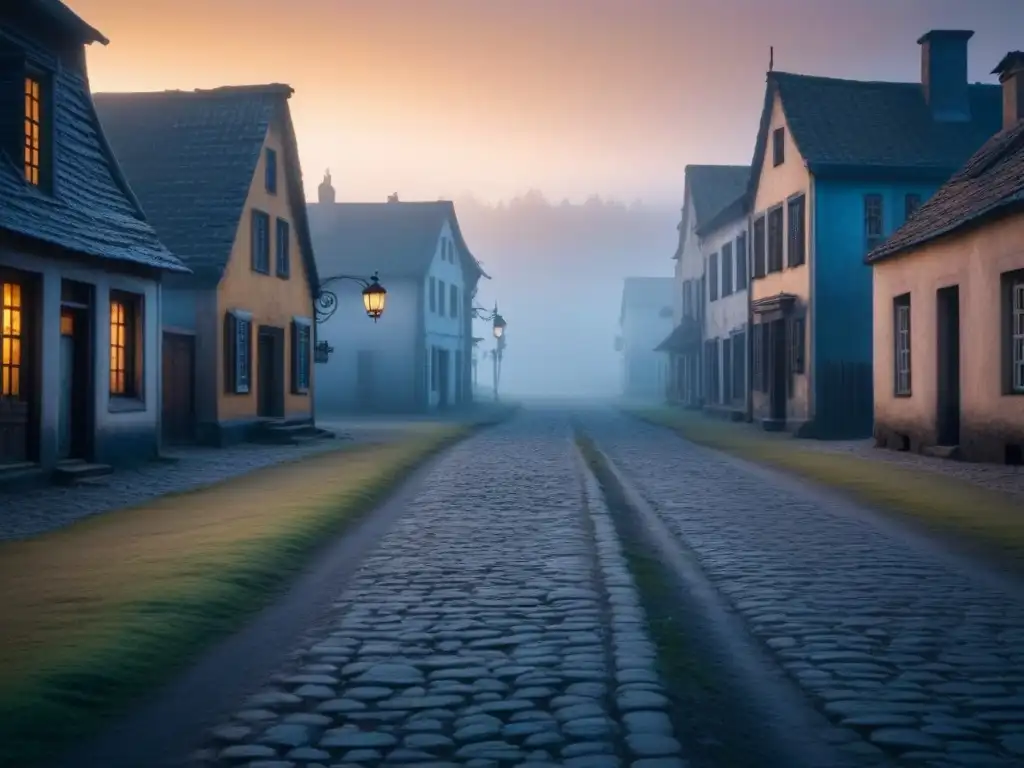 Turismo sostenible en pueblos fantasma: Calles desiertas al atardecer con luces de farolas y niebla