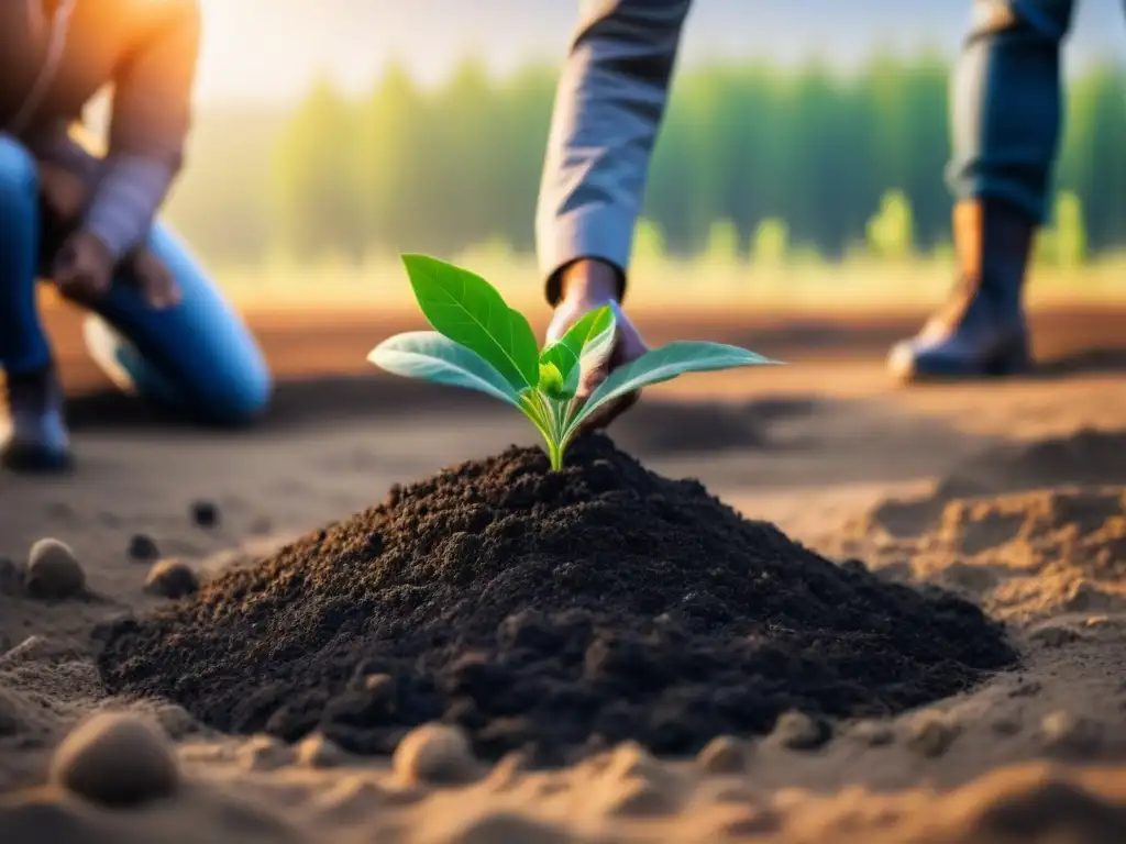 Unidad y esperanza: diversidad de personas plantan árboles en tierra árida, simbolizando el impacto del cambio climático en la pobreza