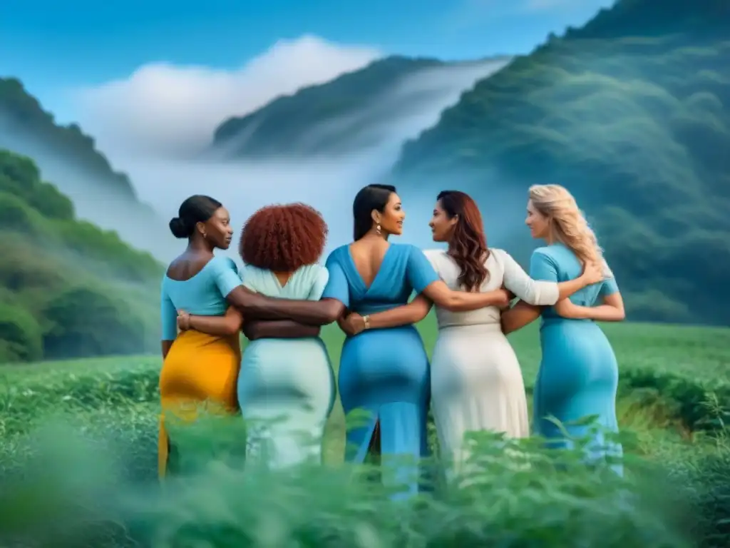 Unidas por la sostenibilidad: diversidad y armonía en la naturaleza Unidas en el movimiento zero waste, mujeres líderes de distintas culturas y backgrounds, visten ropa sostenible