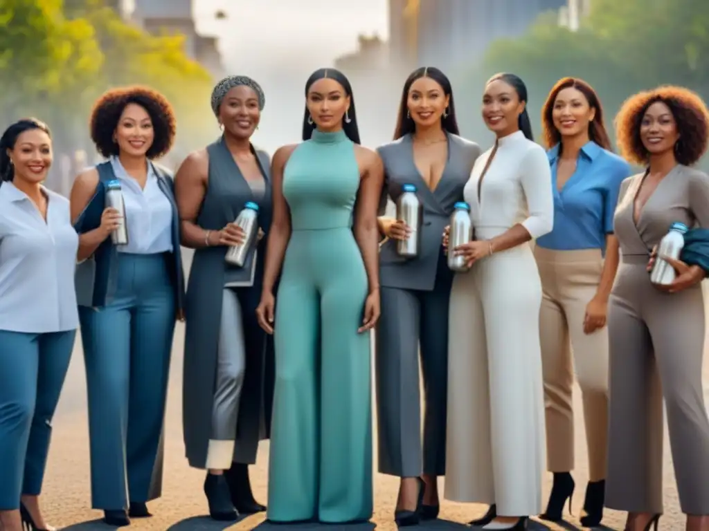 Grupo diverso de líderes con items reutilizables promoviendo la sostenibilidad Unidas en el movimiento zero waste, mujeres líderes del mundo sostienen objetos reutilizables