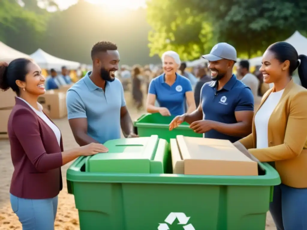 Unidos en la conservación del medio ambiente: diversidad de edades y culturas participando felices en un evento comunitario de reciclaje