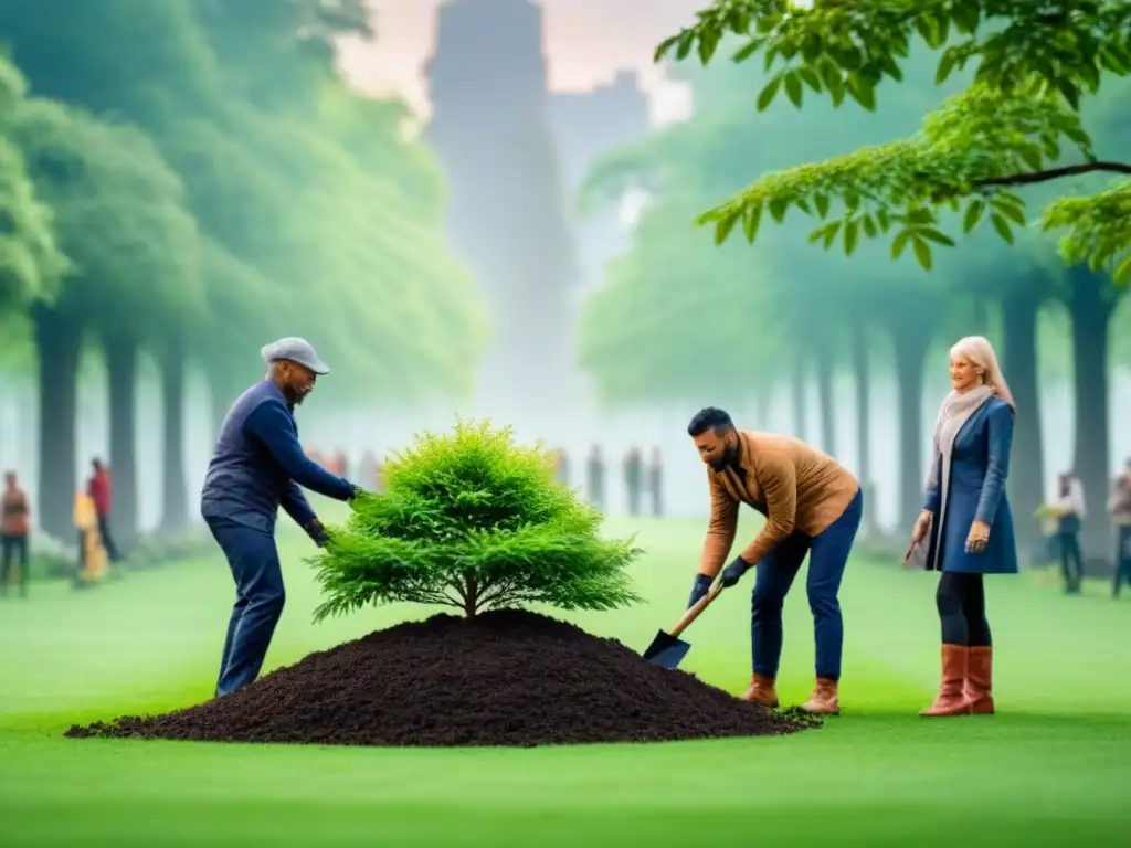 Unidos en armonía: diversidad de edades y etnias plantan árboles en parque verde, simbolizando educación ambiental sociedad resiliente