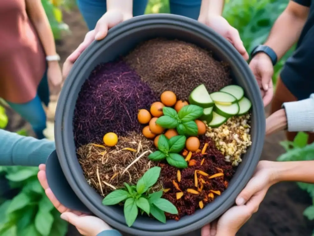 Unidos en el compostaje comunitario para reducir desperdicio: diversidad de miembros en un jardín compartiendo alimentos para compostar