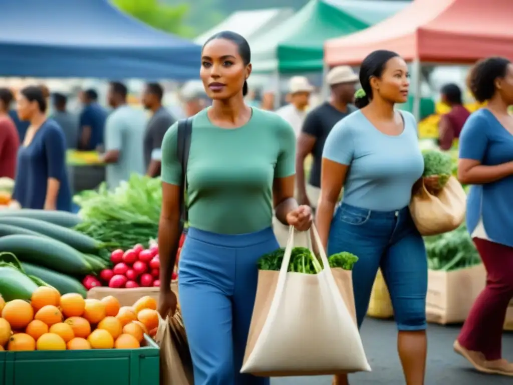 Unidos en la compra responsable y el estilo de vida sostenible en el mercado de agricultores con diversidad de personas y productos frescos