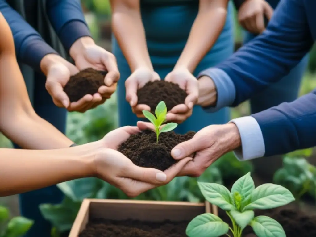 Unidos en un jardín comunitario, manos diversas siembran semillas en la tierra fértil