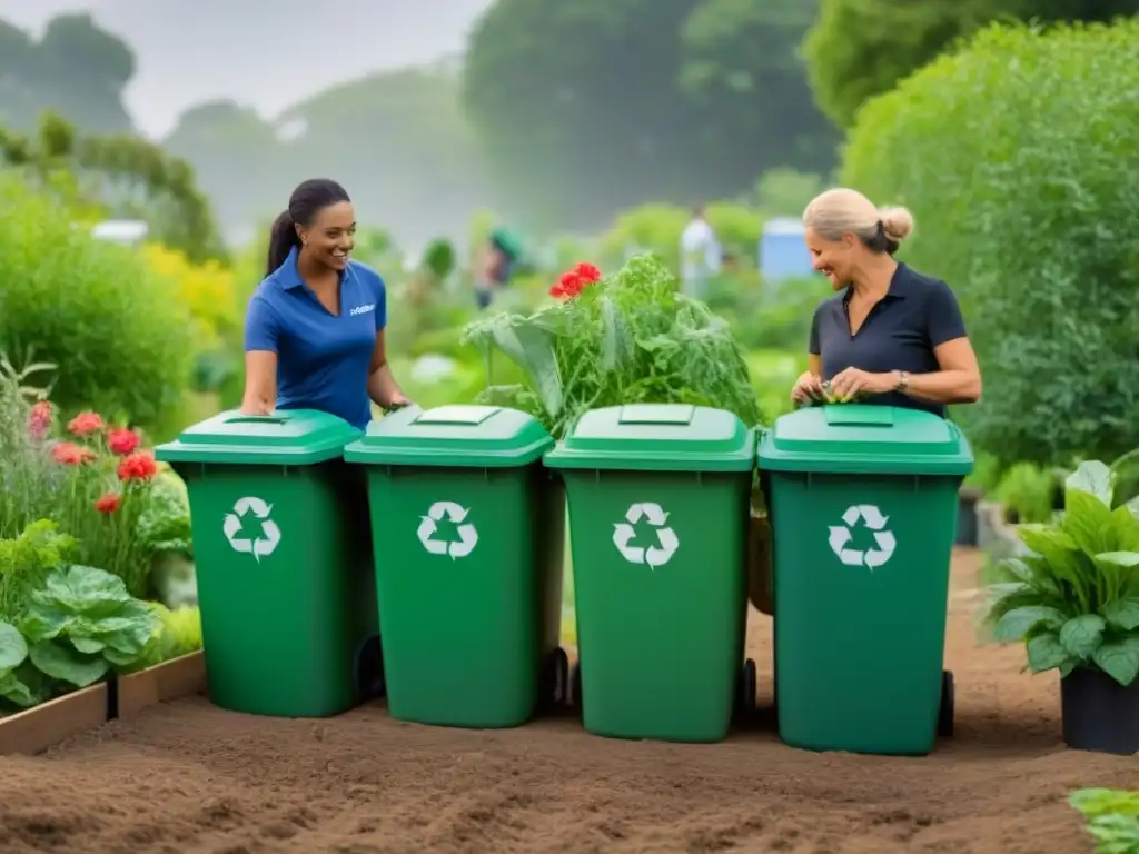 Unidos en el jardín comunitario, manos colaboran en reciclaje para estilo sostenible